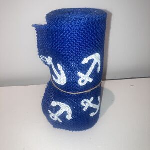 Cute!  Blue w/ White Anchors Burlap Ribbon 5.5in 10ft  Nautical Navy  1 Roll DD